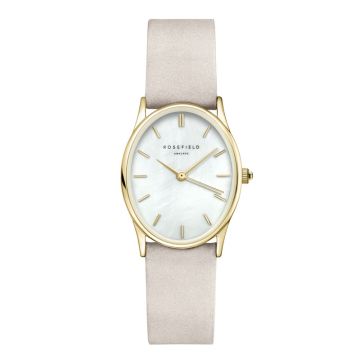 Rosefield The Oval dameur i guldfarvet med grå læderrem - 24x29 mm