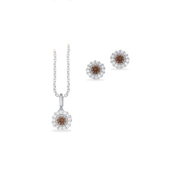 Scrouples smykkesæt i sølv med roset med brun zirkonia - halskæde og ørestikker