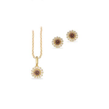 Scrouples smykkesæt i forgyldt med roset med brun zirkonia - halskæde og ørestikker