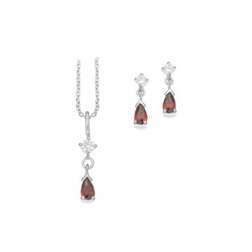 Scrouples smykkesæt i sølv med dråbe med rød zirkonia - halskæde og ørestikker