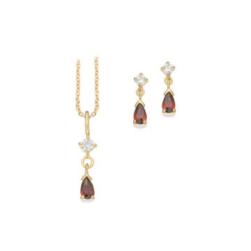 Scrouples smykkesæt i forgyldt med dråbe med rød zirkonia - halskæde og ørestikker