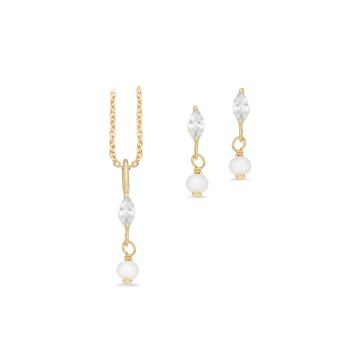 Scrouples smykkesæt i forgyldt med perle og zirkonia - halskæde og ørestikker