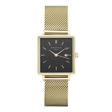 Rosefield The Boxy dameur i guldfarvet med meshlænke med sort skive - 26x28 mm