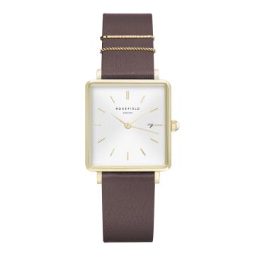 Rosefield The Boxy dameur i guldfarvet med aubergine læderrem - 26x28 mm