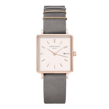 Rosefield The Boxy dameur i rosa med grå læderrem og hvid skive - 26x28 mm