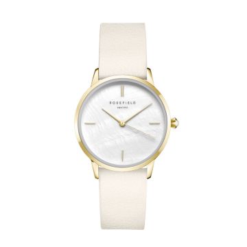 Rosefield The Pearl Edit dameur i guldfarvet med beige læderrem og perlemorsskive - Ø36