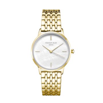 Rosefield The Pearl Edit dameur i guldfarvet med lænke og perlemorsskive - Ø36
