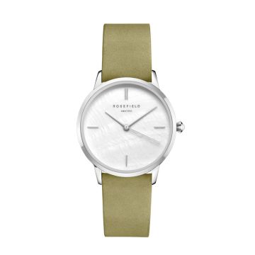 Rosefield The Pearl Edit dameur i stål med olivengrøn læderrem og perlemorsskive - Ø36