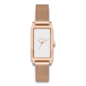 Skagen Hagen dameur i rosafarvet stål med hvid urskive og rosa meshlænke.