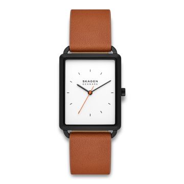 Skagen Hagen firkantet herreur i sort stål med brun rem