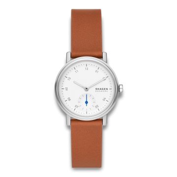 Skagen Kuppel dameur i stål med hvid urskive og brun læderrem.
