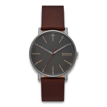 Skagen Signatur herreur i grå stål med rød læderrem Ø40