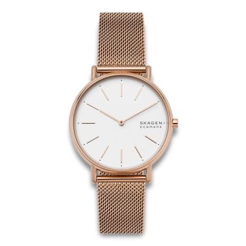 Skagen Signatur armbåndsur i rosa stål med hvid skive og meshlænke