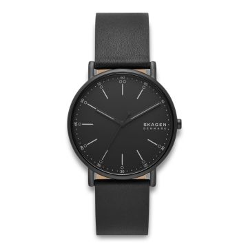 Skagen Signatur sort herreur med læderrem