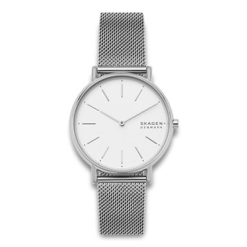 Skagen Signatur armbåndsur i stål med hvid skive og meshlænke