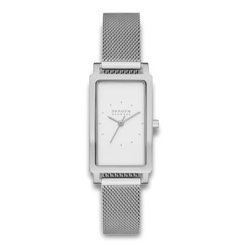 Skagen Hagen dameur i stål med hvid urskive og meshlænke i stål.