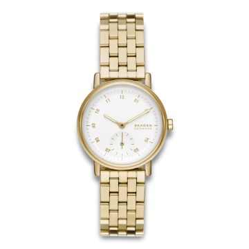 Skagen Kuppel dameur i guldfarvet stål med hvid urskive og guldfarvet lænke.