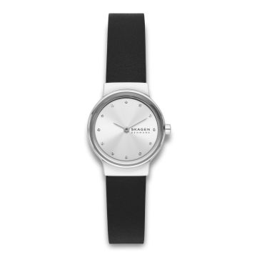 Skagen Freja lille dameur i stål med sort læderrem