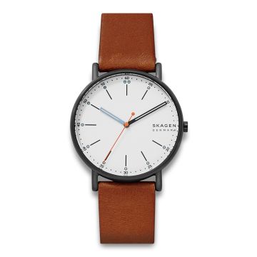 Skagen Signatur armbåndsur i stål med hvid skive og brun læderrem