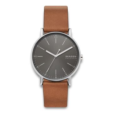 Skagen Signatur armbåndsur i stål med grå urskive og brun læderrem
