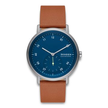 Skagen Kuppel herreur i stål med blå urskive og brun læderrem.