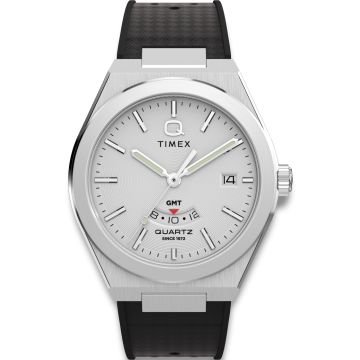 TIMEX Q Timex Continental GMT i stål med sort gummirem