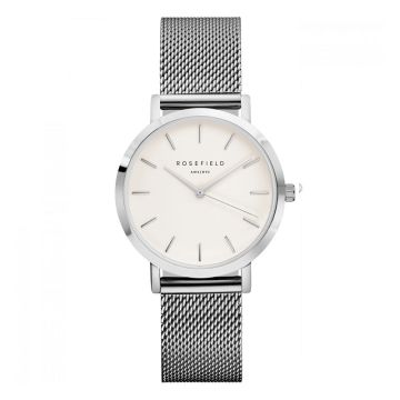 Rosefield The Tribeca dameur i stål med meshlænke og hvid skive - Ø33