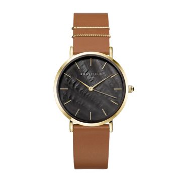 Rosefield The West Village dameur i guldfarvet med brun rem og sort perlemorsskive - Ø33