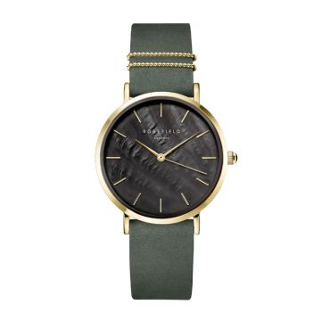 Rosefield The West Village dameur i guldfarvet med mørkegrøn rem og sort perlemorsskive - Ø33