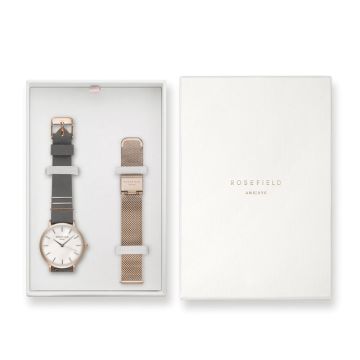 Rosefield The West Village gavesæt dameur i rosa med meshlænke og grå læderrem - Ø33