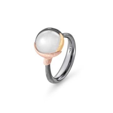 OLE LYNGGAARD COPENHAGEN Lotus 2, oxideret sølv / 18 kt. guld ring med hvid månesten