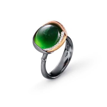 OLE LYNGGAARD COPENHAGEN Lotus 3, oxideret sølv / 18 kt. guld ring med serpentin og brillanter