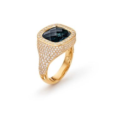OLE LYNGGAARD COPENHAGEN Cushion ring i rødguld med blå topas og brillanter