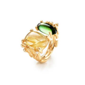 OLE LYNGGAARD COPENHAGEN BoHo 18 kt. guld ring med rutil og grøn turmalin og 6 brillanter