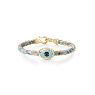 OLE LYNGGAARD COPENHAGEN Life armbånd, håndknyttet reb, Cornflower. Evil Eye fatning i 18 karat rødguld, 6 mm