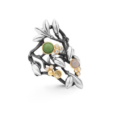 OLE LYNGGAARD COPENHAGEN Forest sølv ring med serpentin, grå månesten, rutilkvarts og 8 brillanter