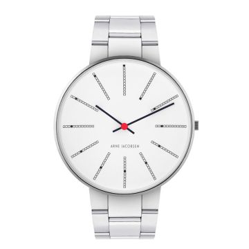 Arne Jacobsen Bankers ur i stål med  hvid skive og stål lænke - Ø40