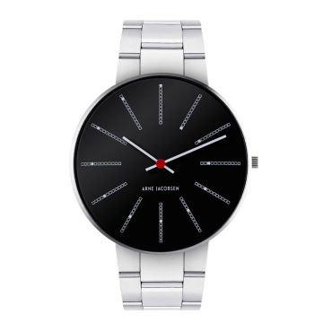 Arne Jacobsen Bankers ur i stål med  sort skive og stål lænke - Ø40