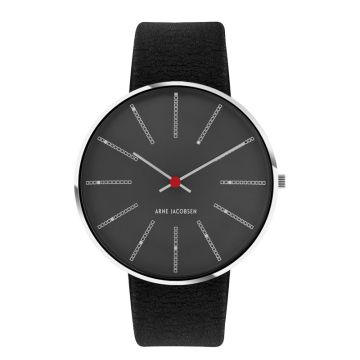 Arne Jacobsen Bankers ur i stål med  Porsgrun Grey skive og sort læderrem - Ø40