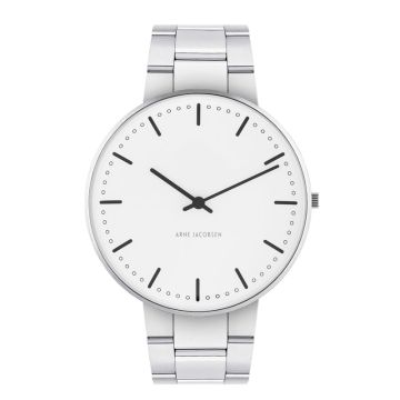 Arne Jacobsen City Hall ur i stål med  hvid skive og stål lænke - Ø40