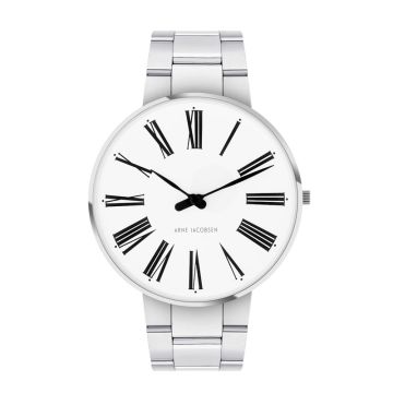 Arne Jacobsen Roman ur i stål med  hvid skive og stål lænke - Ø40