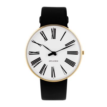 Arne Jacobsen Roman ur i guldfarvet med hvid skive og sort læderrem - Ø40