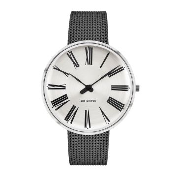 Arne Jacobsen Roman ur i stål med  Sunray Silver skive og grå meshlænke - Ø40