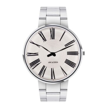 Arne Jacobsen Roman ur i stål med  Sunray Silver skive og stål lænke - Ø40