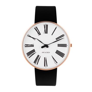 Arne Jacobsen Roman ur i rosa med  hvid skive og sort læderrem - Ø40