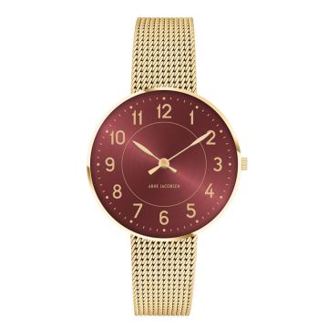 Arne Jacobsen Station i bourgogne med meshlænke - 34 mm Stål/sort rem