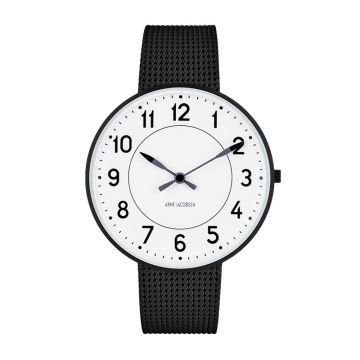 Arne Jacobsen Station ur i sort stål med  hvid skive og sort meshlænke - Ø40