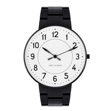 Arne Jacobsen Station ur i sort stål med  hvid skive og sort lænke - Ø40