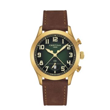 Certina DS Pilot  herreur i guldfarvet stål med brun læderrem