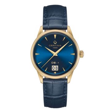 Certina DS-1 Big Date Powermatic 80 herreur i guldfarvet med blå skive og læderrem